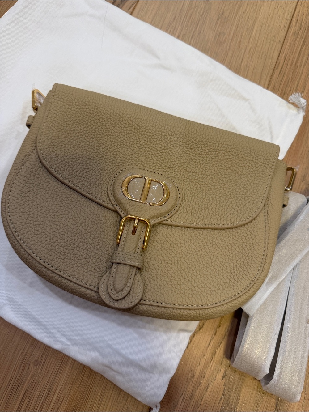 Taupe Textured Leather Saddle Crossbody with Gold Hardware